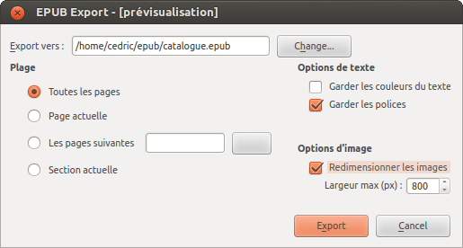 fenêtre dexport epub de scribus