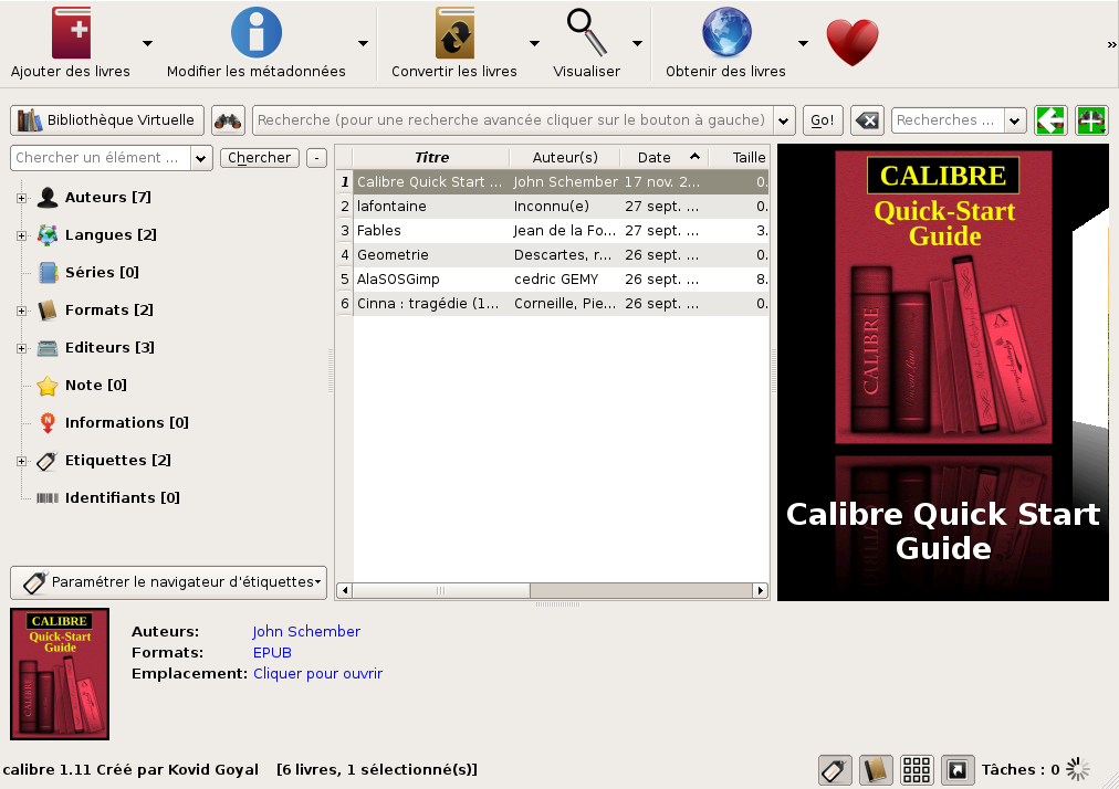 interface de gestion de livre numérique de Calibre