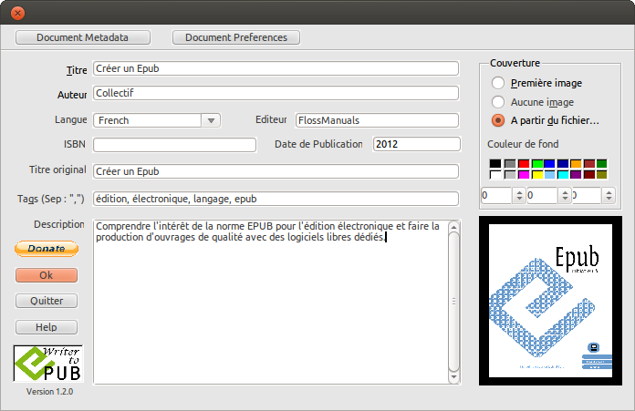 Fenêtre des Métadonnées de Writer2Epub
