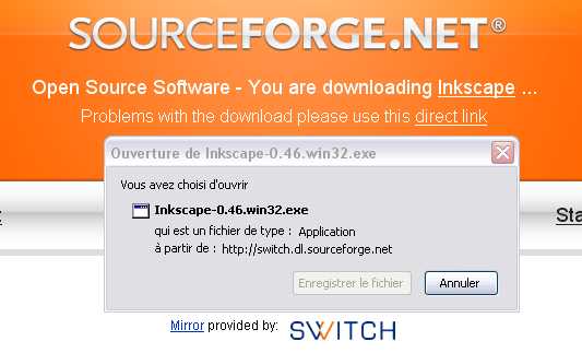 Démarrage du téléchargement sur SourceForge
